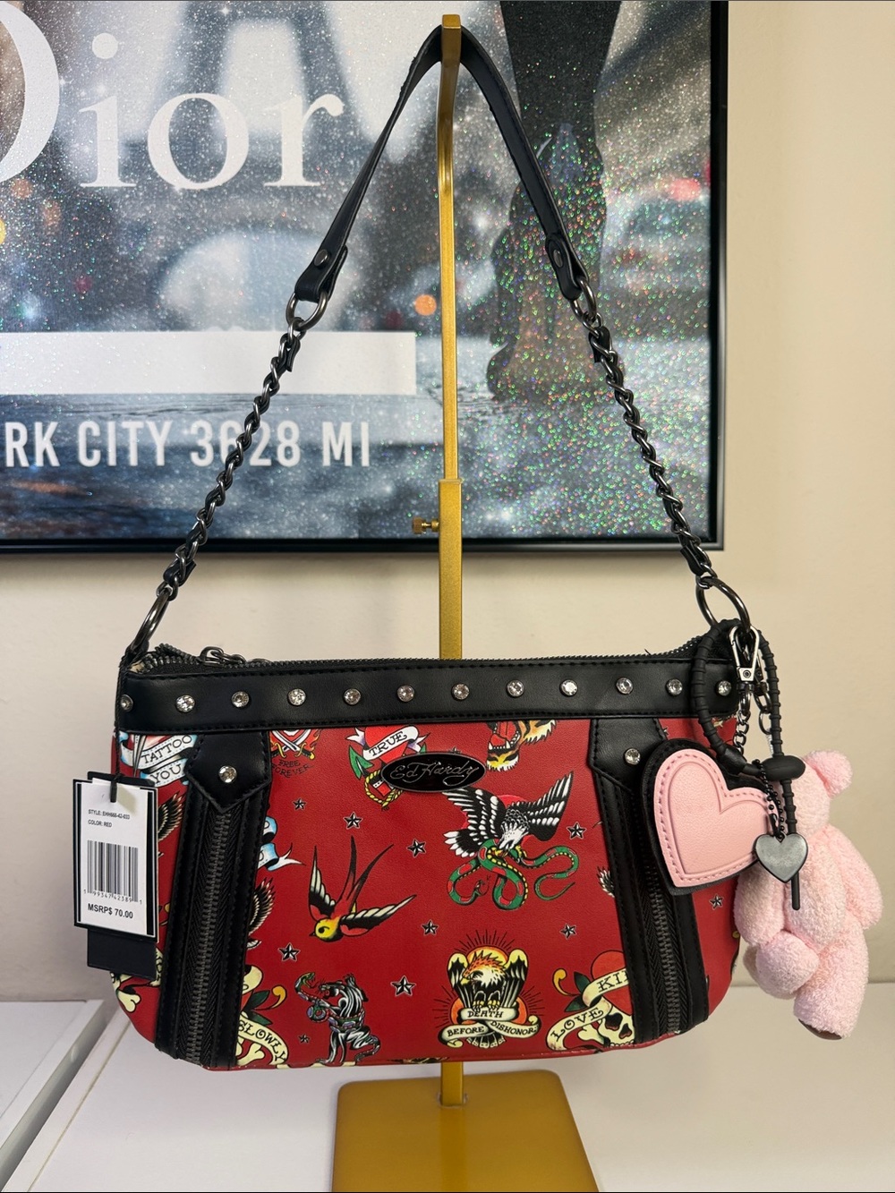 ED HARDY Handheld Red Tattoo-Print Shoulder Bag with Heart Charm